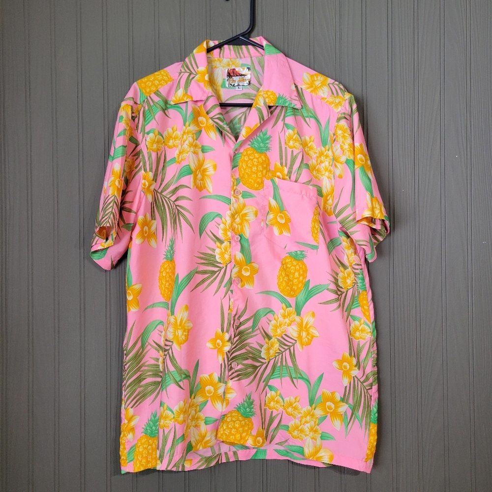 On Shore Short Sleeve Button Down Hawaiian Shirt Floral Pineapple Pink Men's LG